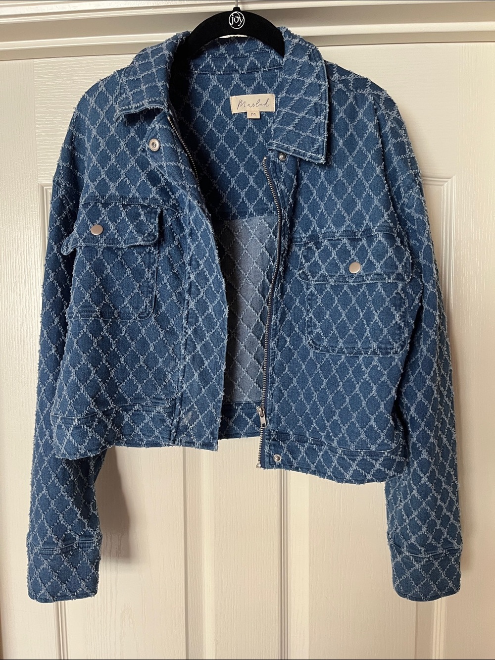 Maje Denim Jacket in Distressed Indigo with Quilted Diamond Stitch